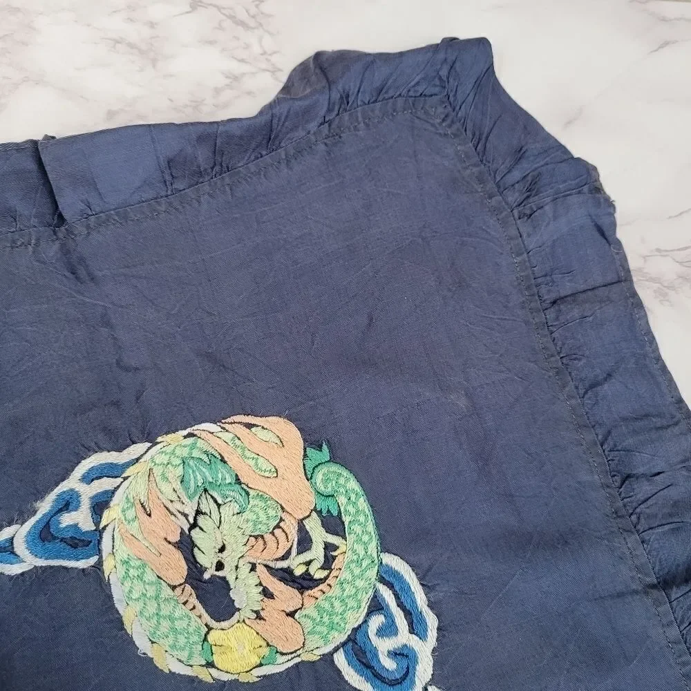 Silk Asian Fire Dragon Table Blue Embroidered Table Scarf and 4 Napkins
